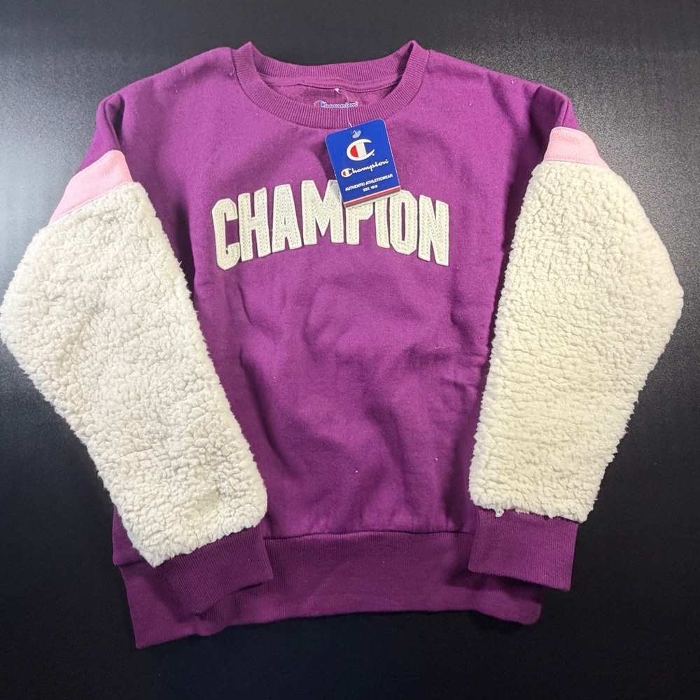 Champion Women Venetian Purple Sherpa Sleeve Sweatshirt Chenille Logo L NEW K6